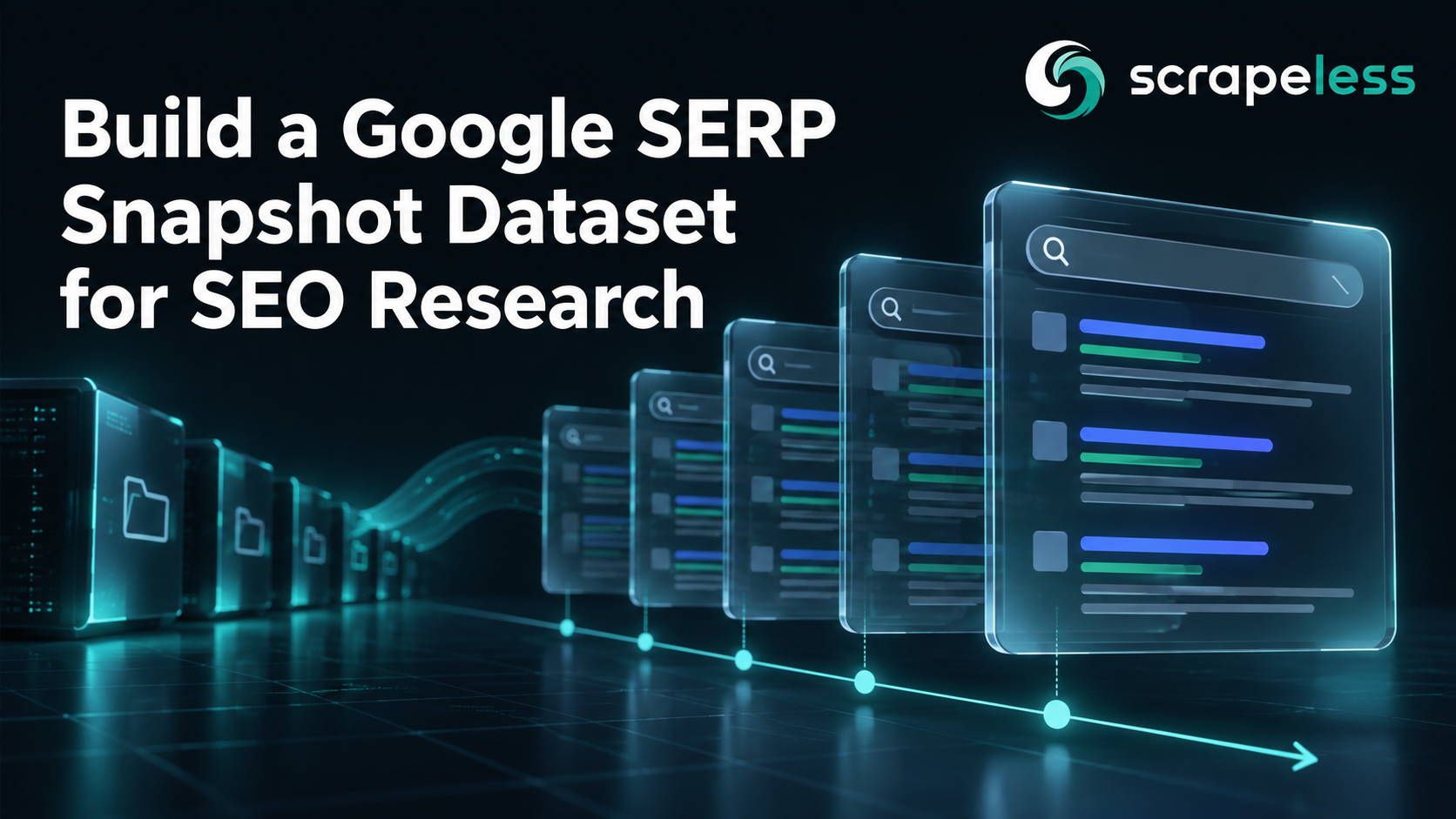 Build a Google SERP Snapshot Dataset for SEO Research: structured search data illustrated on a dark teal background.