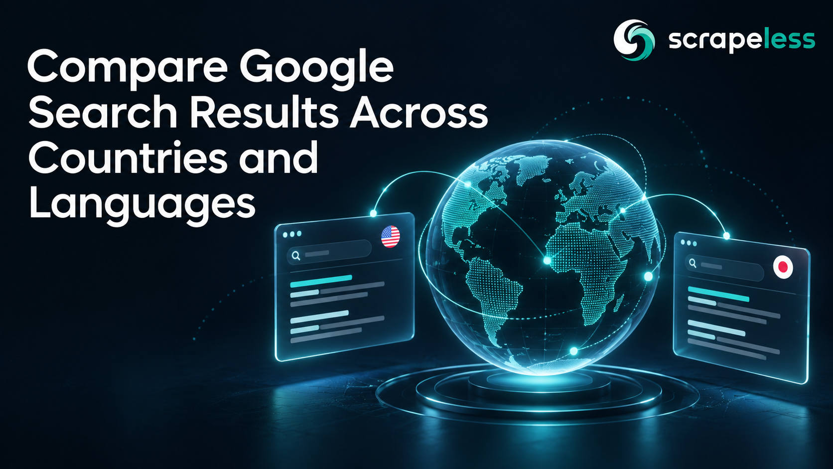 Compare Google Search Results Across Countries and Languages: structured search data illustrated on a dark teal background.