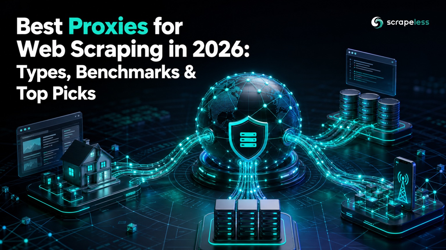 Web scraping proxy types and provider benchmarks connected through a global routing hub