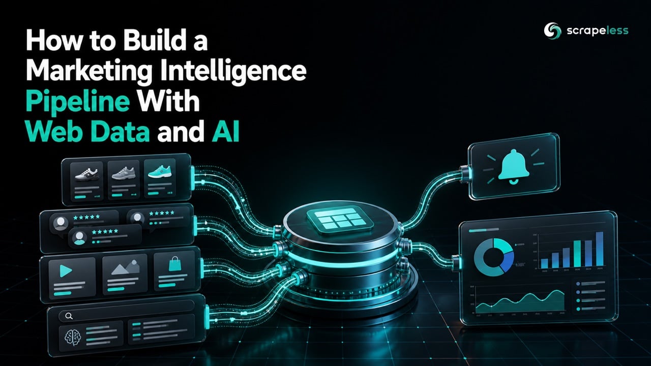 Marketing intelligence pipeline connecting public web data, AI analysis, alerts and weekly reports