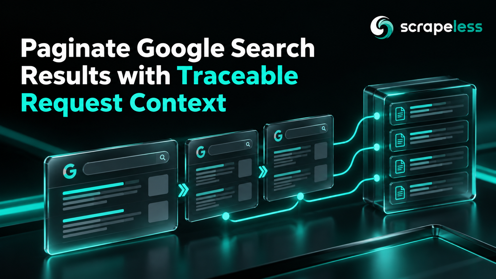 Paginate Google Search Results with Traceable Request Context illustrated with dark glass search data and teal highlights.