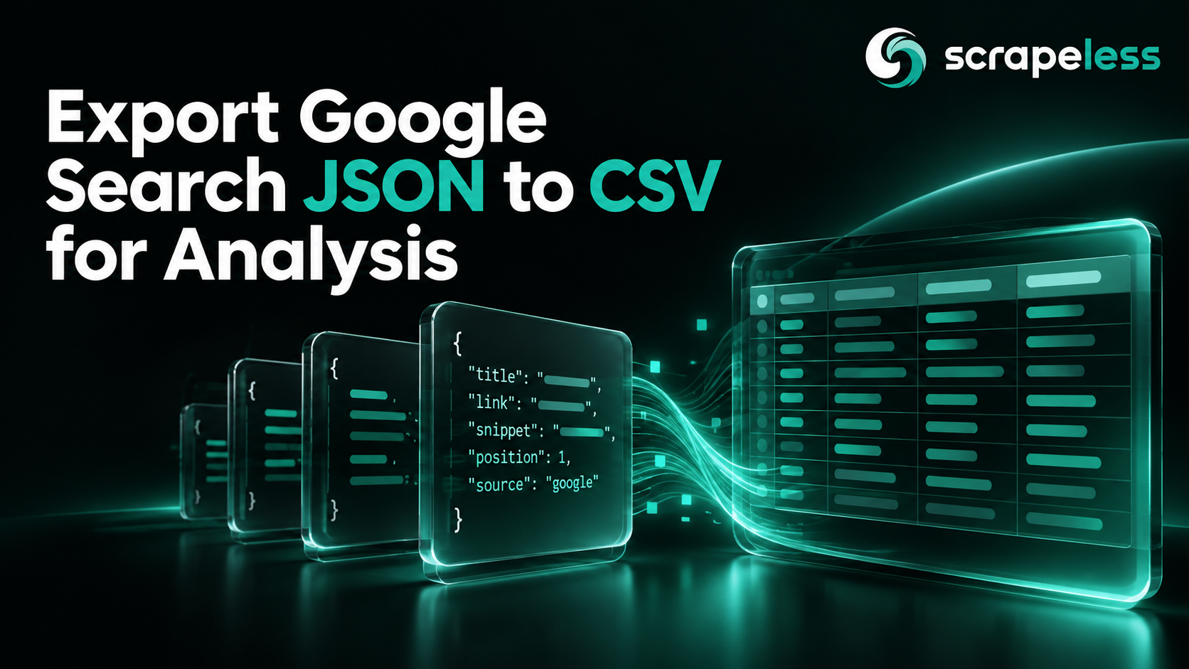 Export Google Search JSON to CSV for Analysis illustrated with dark glass search data and teal highlights.