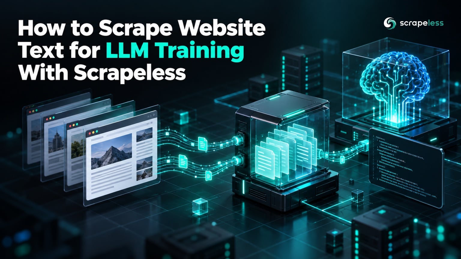 Website text moving through an auditable data pipeline into an LLM dataset